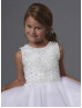 Beaded White Satin Tulle Tea Length Flower Girl Dress 